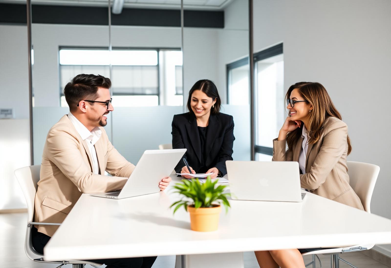 Equipo de asesores reunidos con emprendedores en una oficina profesional